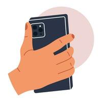 hands holding phone. Scrolling smartphone, app mail, application photo. cellphone camera. Flat vector illustration