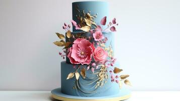Vibrant pink and blue cake with gold accents photo