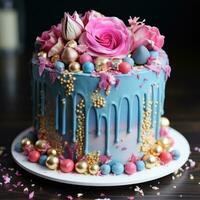 Vibrant pink and blue cake with gold accents photo