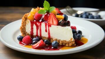 Rich and creamy cheesecake with graham cracker crust and fruit topping photo