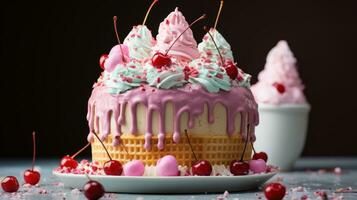 Playful ice cream cone cake with sprinkles and cherrie photo