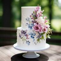 Simple white cake with watercolor florals photo