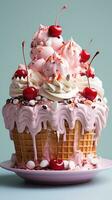 Playful ice cream cone cake with sprinkles and cherrie photo