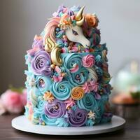 Whimsical unicorn cake with rainbow layers photo