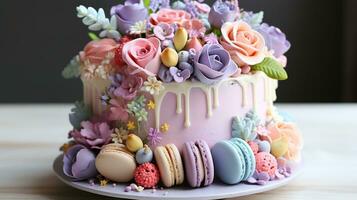 Pastel rainbow cake with macarons and flowers photo