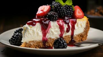 Rico y cremoso tarta de queso con Graham galleta corteza y Fruta Adición foto