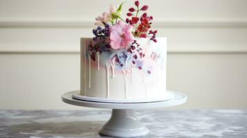 Simple white cake with watercolor florals photo