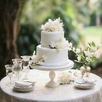 Elegant two-tiered white cake adorned with delicate sugar flowers photo