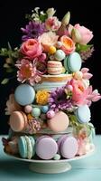 Pastel rainbow cake with macarons and flowers photo