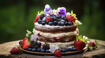 Rustic cake with fresh fruit and flowers photo