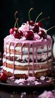 Funfetti cake with drip icing and cherries photo