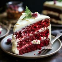 Classic red velvet cake with fluffy cream cheese icing photo