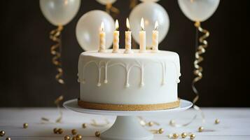 Minimalist white cake with gold happy birthday topper photo