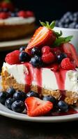 Rich and creamy cheesecake with graham cracker crust and fruit topping photo