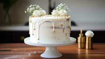 Minimalist white cake with gold happy birthday topper photo