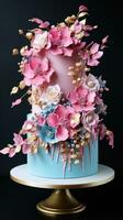 Vibrant pink and blue cake with gold accents photo