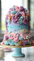 Whimsical unicorn cake with rainbow layers photo