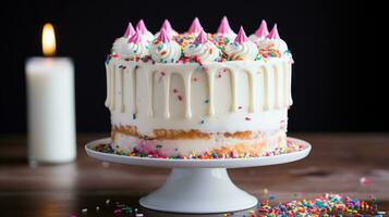 Colorful funfetti cake topped with vanilla buttercream and sprinkles photo