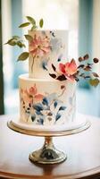 Simple white cake with watercolor florals photo