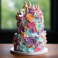 Whimsical unicorn cake with rainbow layers photo