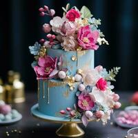 Vibrant pink and blue cake with gold accents photo