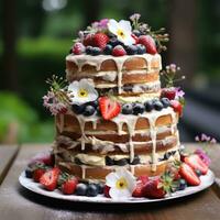 Rustic cake with fresh fruit and flowers photo