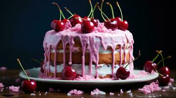 Funfetti cake with drip icing and cherries photo