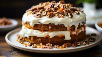 Moist carrot cake with cream cheese frosting and chopped pecans photo
