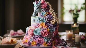 caprichoso unicornio pastel con arco iris capas foto
