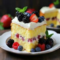 Luscious lemon cake with tangy lemon frosting and fresh berries photo