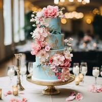 Vibrant pink and blue cake with gold accents photo