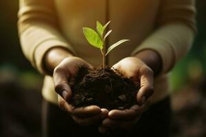 ai generado mano niños participación joven planta con luz de sol en verde naturaleza antecedentes. concepto eco tierra día foto