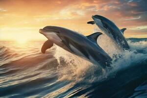 ai generado juguetón delfines saltando terminado rotura ondas. Hawai Pacífico Oceano fauna silvestre escenario. marina animales en natural habitat foto