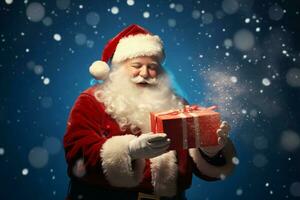 Happy Santa Claus opening christmas gift box over snowy blue background with copy space space. ai generated photo