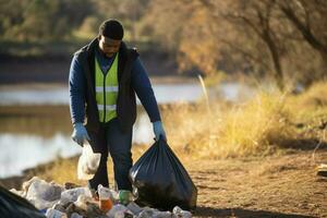 a man is cleaning up rubbish photo