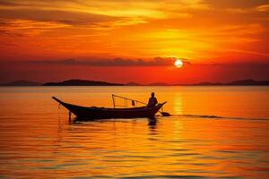 beauty of a golden sunset on a quiet beach, with warm colors reflected in the calm waters, ai generated photo