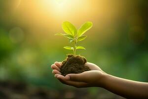 AI Generated hand children holding young plant with sunlight on green nature background. concept eco earth day photo