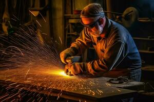 Worker creating fence near orange sparks in smithy ai generate photo