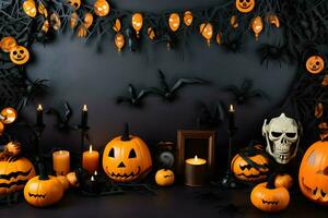 concept of Hallowen, autumn still life of small pumpkins that lie on dry leaves on a dark wooden background ai generated photo