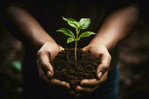 AI Generated hand children holding young plant with sunlight on green nature background. concept eco earth day photo