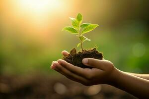 AI Generated hand children holding young plant with sunlight on green nature background. concept eco earth day photo