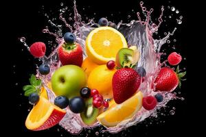 AI Generated Photo of colorful fruit splatter on a plain background splash of juice