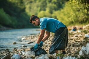 a man is cleaning up rubbish photo