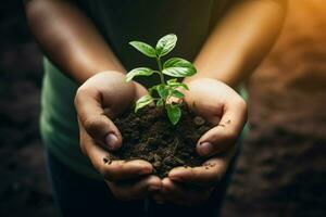 AI Generated hand children holding young plant with sunlight on green nature background. concept eco earth day photo