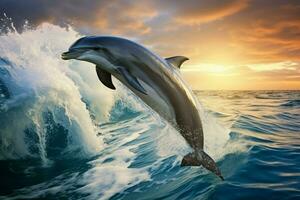 AI Generated Playful dolphins jumping over breaking waves. Hawaii Pacific Ocean wildlife scenery. Marine animals in natural habitat photo