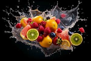 AI Generated Photo of colorful fruit splatter on a plain background splash of juice