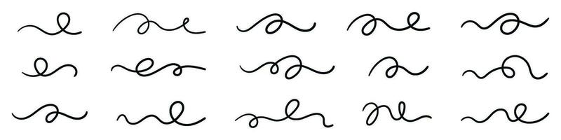 Hand drawn swoosh and underline elements curly and squiggly. Calligraphy or decorative strokes. Flat vector illustration isolated on white background.