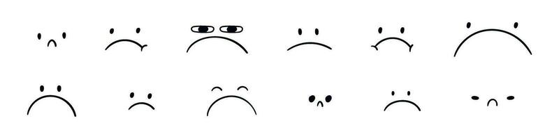 Set of cartoon character faces with emotions like sadness with doodle eyes. Flat vector illustration isolated on white background.