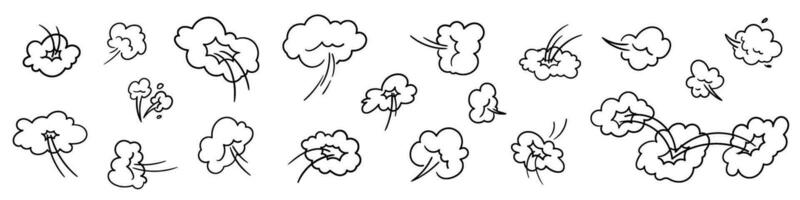 Comic boom effect cartoon style clouds, smoke, and speed lines. motion, explosions, bangs, puff effects in doodle line. Flat vector illustration isolated on white background.