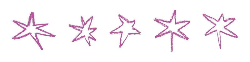 Shape elements, abstract. Graphic pink stars among scribble doodles, color collage. Flat vector illustrations isolated on white background